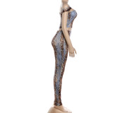 Snake Print One Shoulder Tight Pant Suit GZJQ-K6S00535A