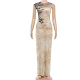 Stripe Print Sleeveless Ruched Backless Maxi Dress GZJQ-K6D02570A