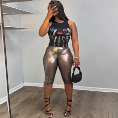 Print Sleeveless Tank Tops Tight Fifth Pants Suit GZJQ-K6S03929A