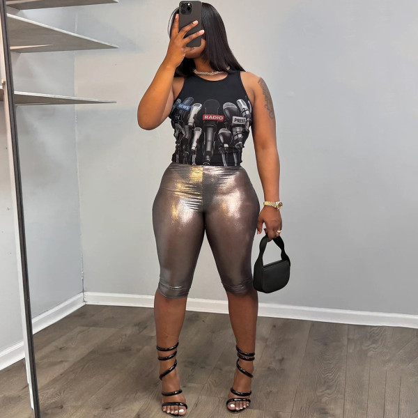 Print Sleeveless Tank Tops Tight Fifth Pants Suit GZJQ-K6S03929A