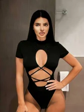 Solid Color Hollow Out Bodysuit GHYX-TXY5286