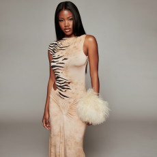 Stripe Print Sleeveless Ruched Backless Maxi Dress GZJQ-K6D02570A