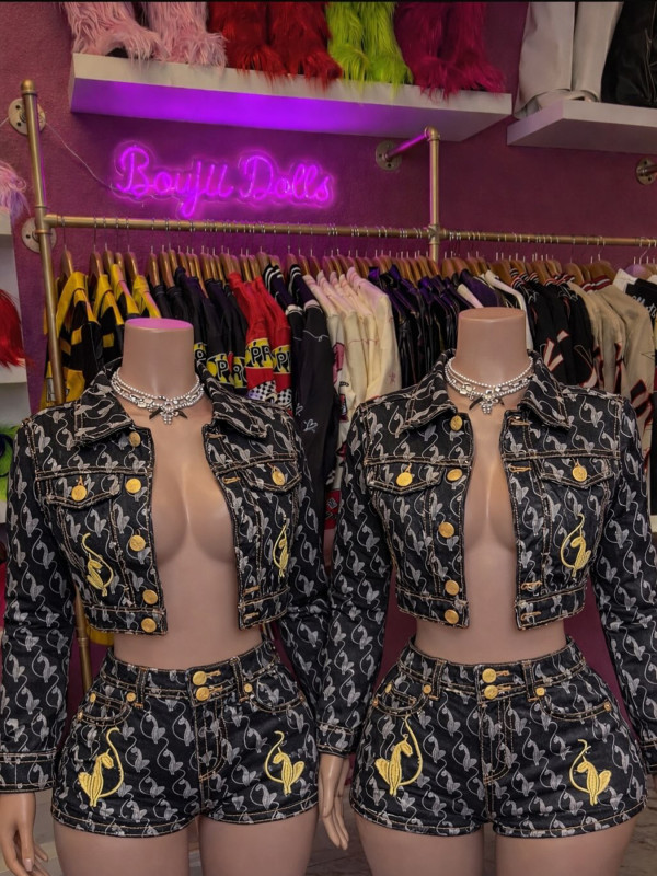 Single Breasted Printed Embroidered Denim Jacket And Shorts Set CH-88030