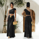 Slash Shoulder Tops Ruhced Two Piece Skirts Set BY-7675