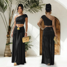Slash Shoulder Tops Ruhced Two Piece Skirts Set BY-7675