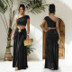 Slash Shoulder Tops Ruhced Two Piece Skirts Set BY-7675