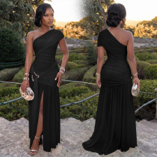 Solid Color Slash Shoulder Split Maxi Dress BY-7662