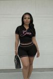 Letter Print Short Sleeve Two Piece Shorts Set QXLB-10170