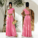 Slash Shoulder Tops Ruhced Two Piece Skirts Set BY-7675