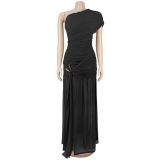 Solid Color Slash Shoulder Split Maxi Dress BY-7662
