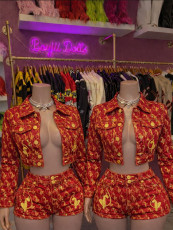 Single Breasted Printed Embroidered Denim Jacket And Shorts Set CH-88030