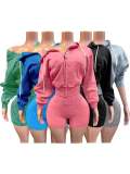 Zip-Up Hooded Fleece Top And Shorts Sports Two-Piece Set CH-26081