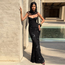 Sexy Sling Backless Mesh Maxi Dress BY-7672