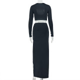 Solid Color U Neck Long Sleeve Two Piece Skirts Set GJYO-JSD711882