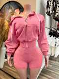 Zip-Up Hooded Fleece Top And Shorts Sports Two-Piece Set CH-26081