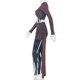 Solid Color U Neck Long Sleeve Two Piece Skirts Set GJYO-JSD711882