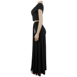 Slash Shoulder Tops Ruhced Two Piece Skirts Set BY-7675