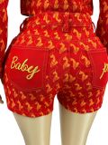 Single Breasted Printed Embroidered Denim Jacket And Shorts Set CH-88030