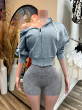 Zip-Up Hooded Fleece Top And Shorts Sports Two-Piece Set CH-26081