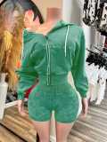 Zip-Up Hooded Fleece Top And Shorts Sports Two-Piece Set CH-26081