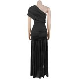 Solid Color Slash Shoulder Split Maxi Dress BY-7662