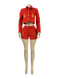 Single Breasted Printed Embroidered Denim Jacket And Shorts Set CH-88030