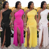 Solid Color Slash Shoulder Split Maxi Dress BY-7662