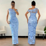 Sleeveless Mesh Print Slash Shoulder Maxi Dress BY-7670