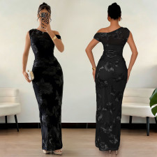 Sleeveless Mesh Print Slash Shoulder Maxi Dress BY-7670