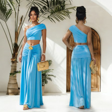 Slash Shoulder Tops Ruhced Two Piece Skirts Set BY-7675