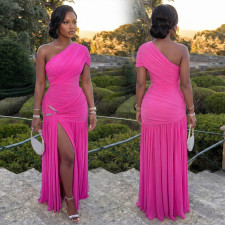 Solid Color Slash Shoulder Split Maxi Dress BY-7662