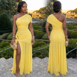Solid Color Slash Shoulder Split Maxi Dress BY-7662