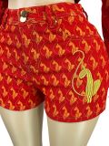 Single Breasted Printed Embroidered Denim Jacket And Shorts Set CH-88030