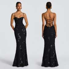 Sexy Sling Backless Mesh Maxi Dress BY-7672