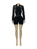 Zip-Up Hooded Fleece Top And Shorts Sports Two-Piece Set CH-26081
