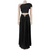Slash Shoulder Tops Ruhced Two Piece Skirts Set BY-7675