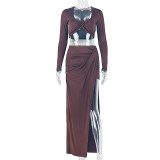 Solid Color U Neck Long Sleeve Two Piece Skirts Set GJYO-JSD711882