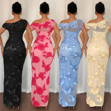 Sleeveless Mesh Print Slash Shoulder Maxi Dress BY-7670