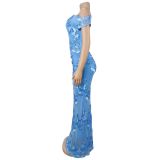 Sleeveless Mesh Print Slash Shoulder Maxi Dress BY-7670