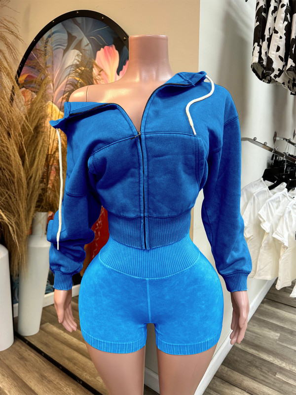Zip-Up Hooded Fleece Top And Shorts Sports Two-Piece Set CH-26081