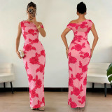 Sleeveless Mesh Print Slash Shoulder Maxi Dress BY-7670