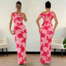 Sleeveless Mesh Print Slash Shoulder Maxi Dress BY-7670