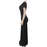 Solid Color Slash Shoulder Split Maxi Dress BY-7662