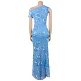 Sleeveless Mesh Print Slash Shoulder Maxi Dress BY-7670