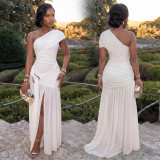 Solid Color Slash Shoulder Split Maxi Dress BY-7662