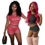 Polka Dotls Print Short Sleeve Sports 2 Piece Shorts Set FOSF-8822