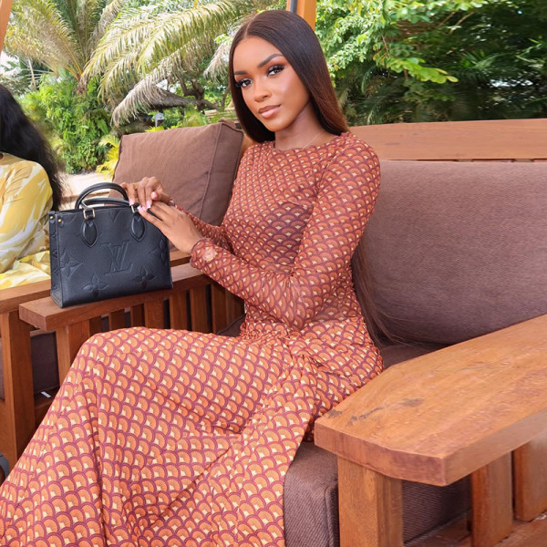 Print Long Sleeve Ruched Maxi Dress GJYO-JD305071