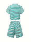 Plus Size Stripe Short Sleeve Two Piece Shorts Set ZDF-33523