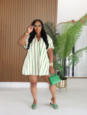 Plus Size V Neck Puff Sleeve Stripe Loose Mini Dress SFY-840