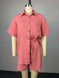 Solid Color Lapel Shirt Tie Up Loose Short Suit GCNE-9631